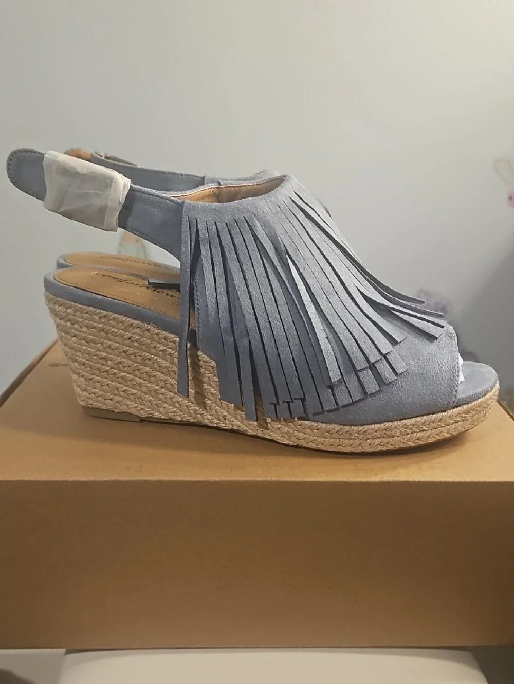 comfortview Light Blue Fringe Espadrille Wedge Sandals